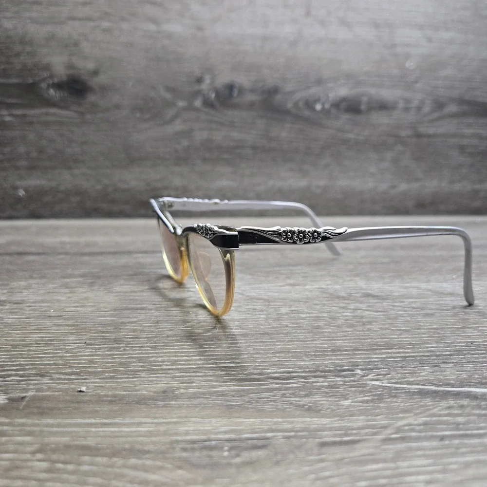 Vintage American Optical Cat Eye Eyeglasses Frame Only Silver Floral Black 5 1/2